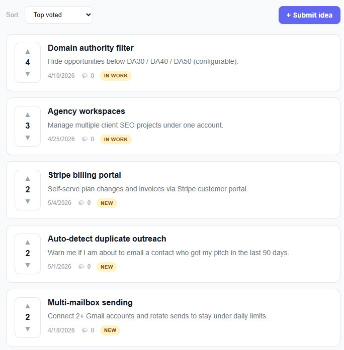 Feature requests list with up-vote arrows and status badges