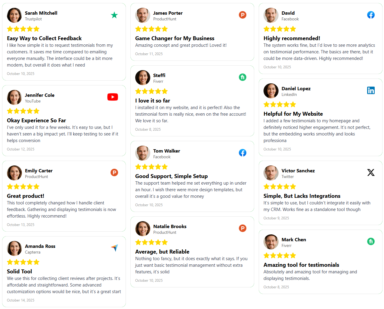 Testimonials wall - customer reviews with stars and avatars